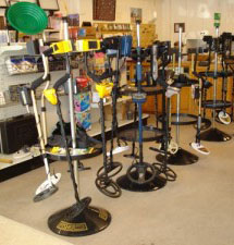 Rack of metal detectors on display inside the Mr. Detector showroom